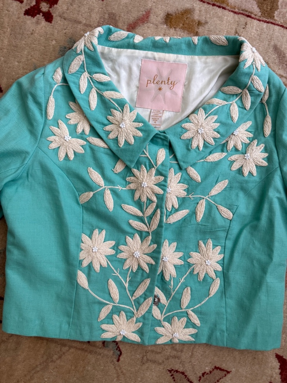 Plenty by Tracy Reese
Embroidered Turquoise ladies Jacket - Floral Detail